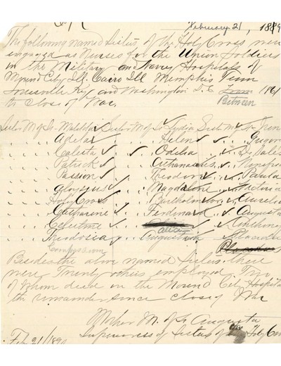 Handwritten List of Union Soldier Nurses Who Served in the Civil War
